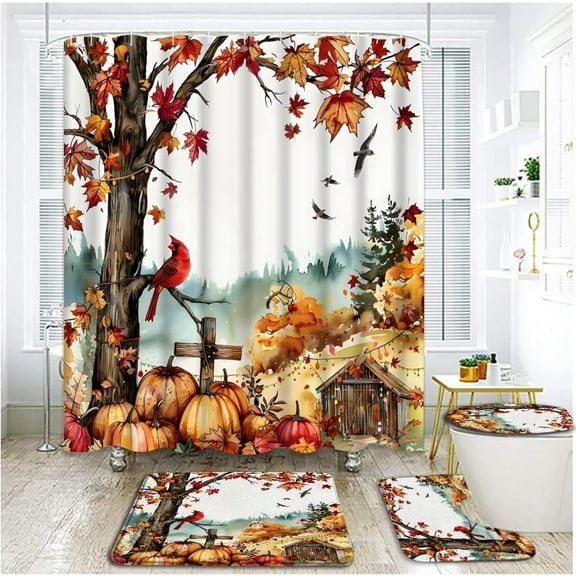 4 PCS Fall Shower Curtain Set with Rugs, Toilet Lid Cover ,Rustic Cabin Autumn Harvest Pumpkin Maple Tree Leaves Thanksgiving Day Farmhouse Misty Forest Red Birds Bathroom Shower Curtain with Hooks