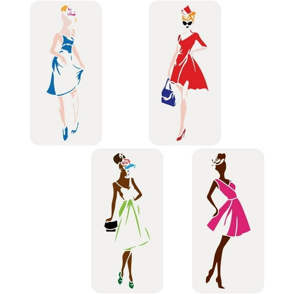 4 PCS Fashion Woman Stencil for Painting 5.9x11.8inch Plastic PET Lady Beauty Dress Hat Drawing Templates for Home Wall Floor Decoration