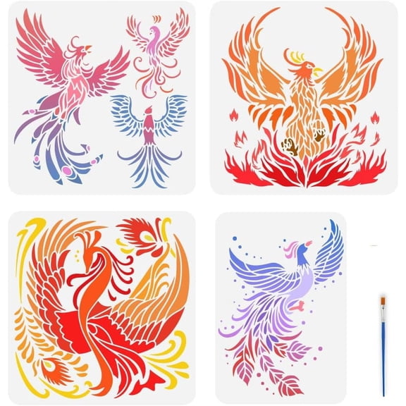 4 PCS Flame Phoenix Painting Stencil with 1 Pc Plastic Paint Brush Reusable 4 Style Phoenix Stencil Animal Theme Phoenix Pattern Painting Template for Painting on Wood Floor Wall Fabric Colorful