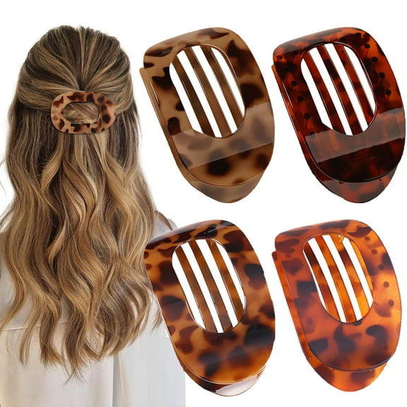 4 PCS Flat Hair Clips, Round Lay Down Claw Clips for Women Girls, French Strong Hold Hair Barrettes for Thick Thin Hair