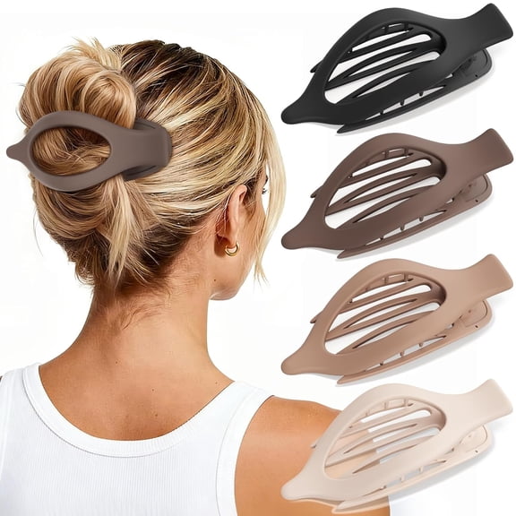 4 PCS Flat Hair Clips for Women Girls, French Rectangle Lay Down Claw Clips for Thick Thin Hair, Comfortable Curved Large Flat Clips, Matte Non-slip Strong Hold Square Hair Accessories, Brown
