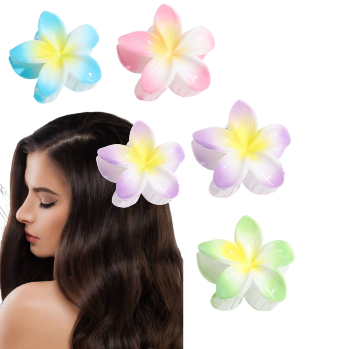 4 PCS Flower Hair Clips - Hawaiian Claw Clips for Vacation Hibiscus Hair Claw Clips Cute Large Hair Clips for Thick and Thin Hair Plumeria Hair Accessories for Women Girls, Style 1