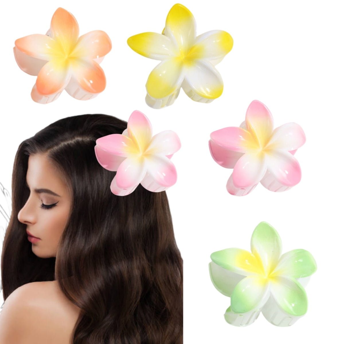 4 PCS Flower Hair Clips - Hawaiian Claw Clips for Vacation Hibiscus Hair Claw Clips Cute Large Hair Clips for Thick and Thin Hair Plumeria Hair Accessories for Women Girls, Style 2