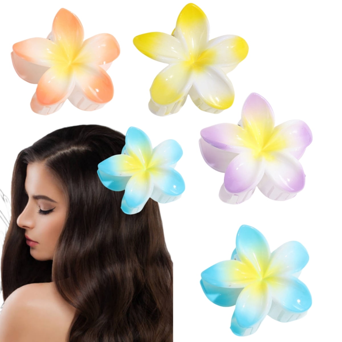 4 PCS Flower Hair Clips - Hawaiian Claw Clips for Vacation Hibiscus Hair Claw Clips Cute Large Hair Clips for Thick and Thin Hair Plumeria Hair Accessories for Women Girls, Style 3