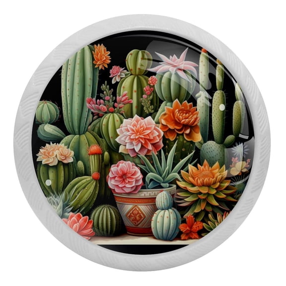 4 PCS Flowering Green Cactus Crystal Glass Round Cabinet Knob Drawer Pull Handle Glowing in The Dark for Kitchen, Cupboard, Dresser, Wardrobe, etc
