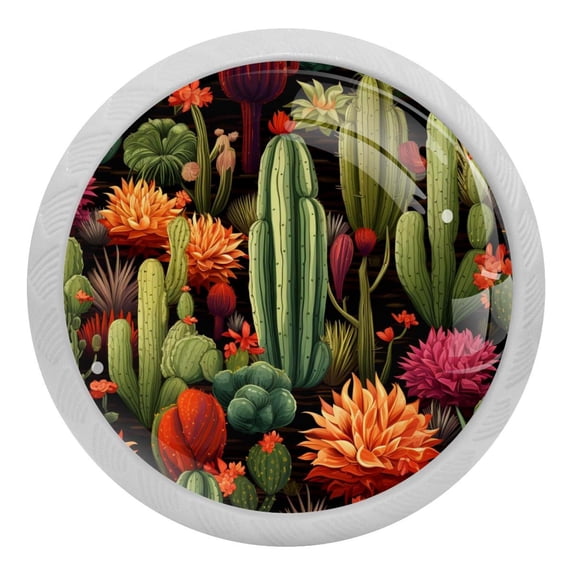 4 PCS Flowering Green Cactus Crystal Glass Round Cabinet Knob Drawer Pull Handle Glowing in The Dark for Kitchen, Cupboard, Dresser, Wardrobe, etc