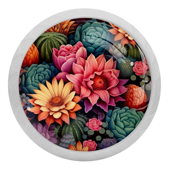 4 PCS Flowering Green Cactus Crystal Glass Round Cabinet Knob Drawer Pull Handle Glowing in The Dark for Kitchen, Cupboard, Dresser, Wardrobe, etc