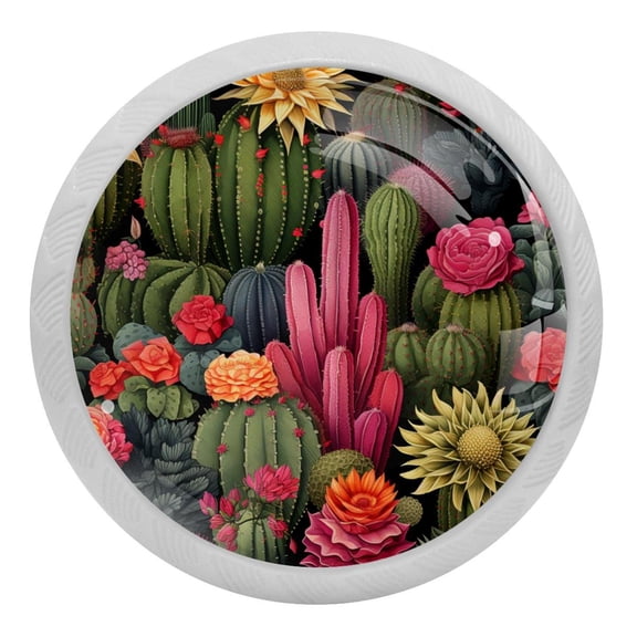 4 PCS Flowering Green Cactus Crystal Glass Round Cabinet Knob Drawer Pull Handle Glowing in The Dark for Kitchen, Cupboard, Dresser, Wardrobe, etc