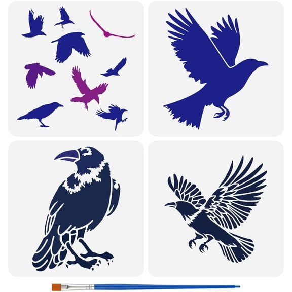 4 PCS Flying Crow Stencil for Painting 11.8x11.8inch Black Birds Template with Paint Brush Reusable Flying Raven Painting Stencil Hollowed Animal Theme Template for Painting on Wood White