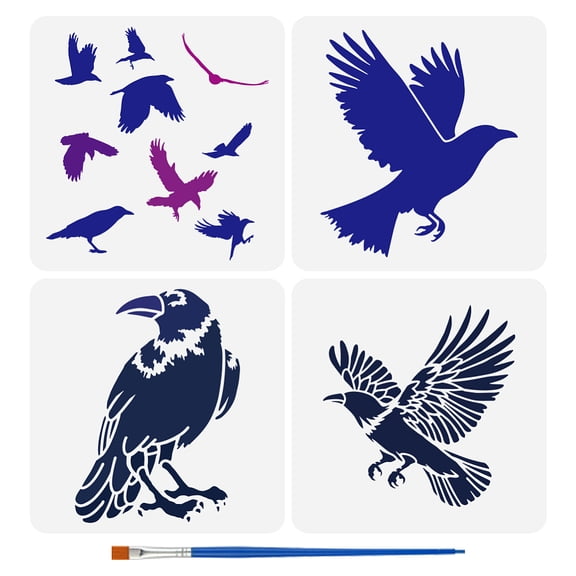 4 PCS Flying Crow Stencil for Painting 11.8x11.8inch Black Birds Template with Paint Brush Reusable Flying Raven Painting Stencil Hollowed Animal