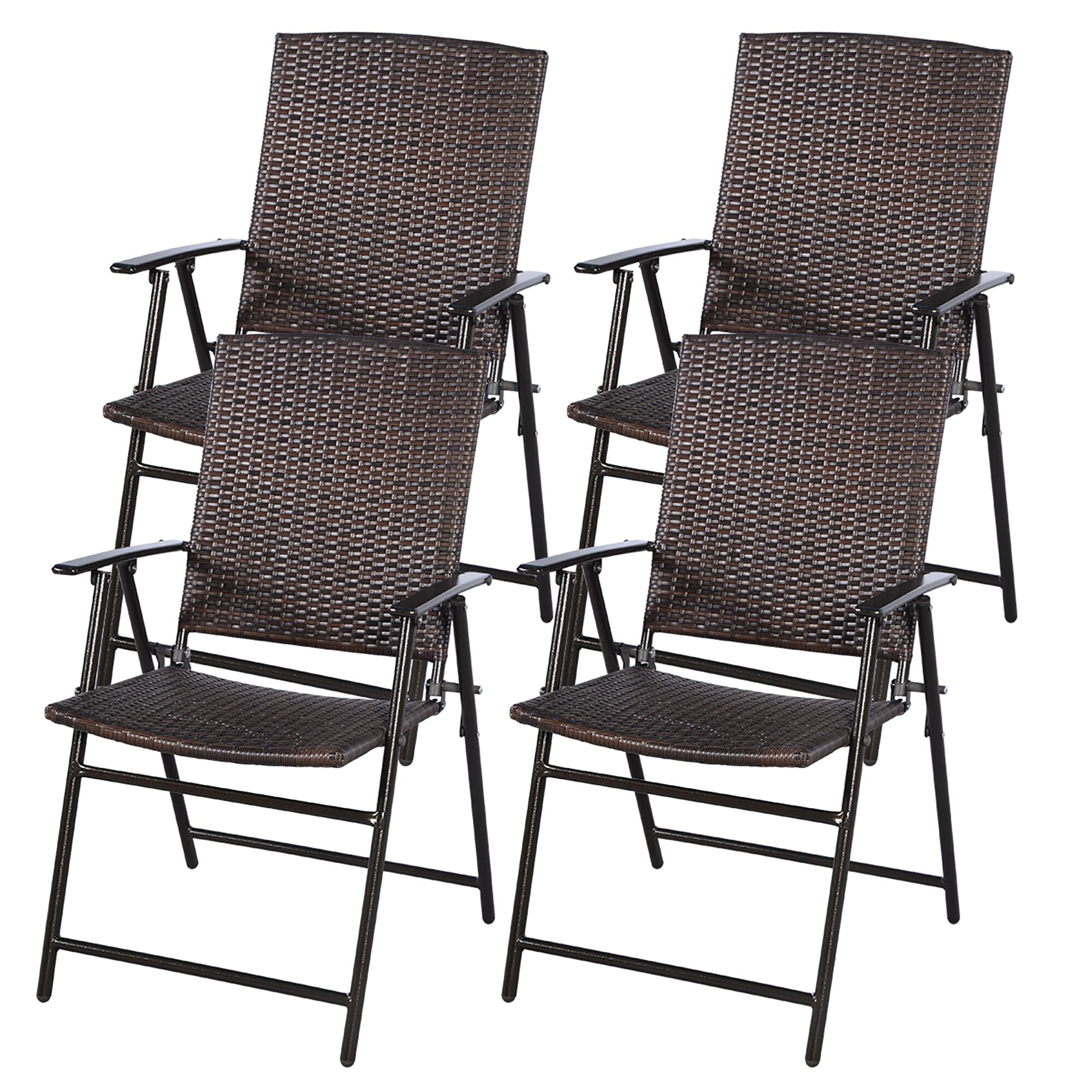 Brown Wicker Folding Outdoor Dining Chairs with Steel Frame, Set of 4