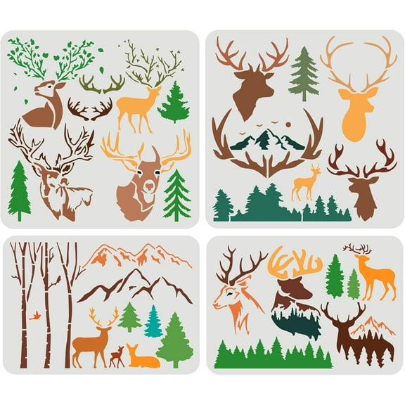 4 PCS Forest Deer Mountain Stencil 2 Size Christmas Elk Stencil Reusable Animal Pine Trees Deer DIY Crafts Holiday Template for Wood Signs Christmas Decoration