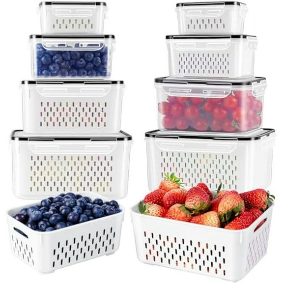 4 PCS Fruit Storage Containers For Fridge With Removable Colander, Airtight Food Storage Container, Dishwasher Safe Produce Saver Container For Refrigerator, Keep Berry Fruit Vegetable Fresh Longer