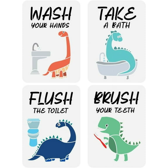4 PCS Funny Dinosaur Bathroom Decor Painting Stencils 8.3x11.7inch Cute Dinosaur Vanity Unit Bathtub Stencils for Painting Toilet Toothbrushes Words Drawing Templates for DIY Crafts for DIY