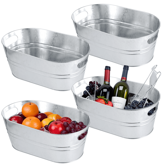 4 PCS Galvanized Ice Buckets, 4-Gallon Metal Ice Bucket with Handles, Beverage Tub for Parties, Large Drink Tin Bin, Rustic Vintage Storage Bucket for Beers, Wines, Champagnes