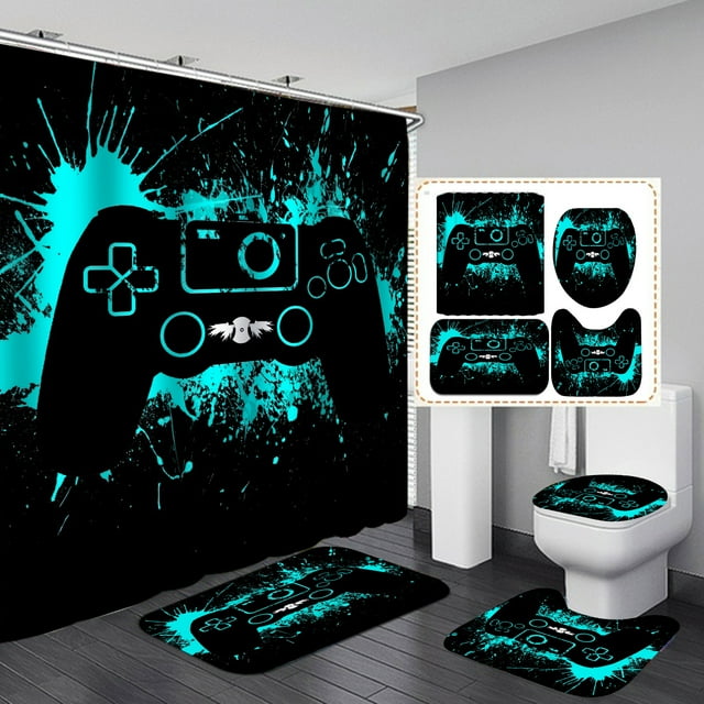 Game Bathroom Set with Shower Curtain and Rugs Accessories, Computer