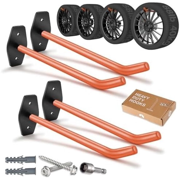 4 PCS Garage Hooks Heavy Duty Wall Mount, Tire Storage System with Anti-Slip Coating, Hang Heavy Tools for up to 88Lbs, for Bikes, Ladders, Chairs and Bulky Tools