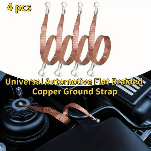 4 PCS General Motors Heavy Duty Engine Braided Copper Grounding Straps, Professional Engine Grounding Straps with Terminal Plug, Automotive Grounding Straps, Tinned Copper Grounding Straps, 12" x 1/2"