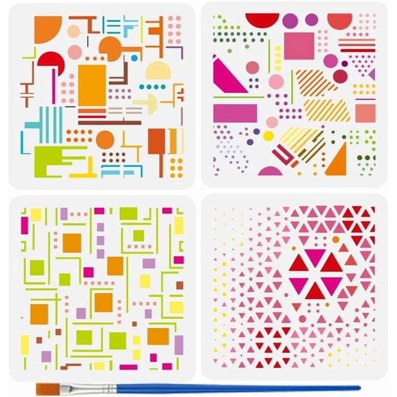 4 PCS Geometric Shapes Painting Stencil with 1Pc Plastic Paint Brush 5.9x5.9inch Decorative Geometrical Patterns Craft Stencil for Painting on Wood Fabric Wall Furniture DIY Home Decor for DIY