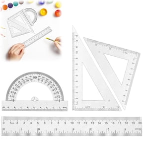 4 PCS Geometry Drawing Ruler & Protractor Set – Plastic Measuring Tools with Straight Ruler, Triangles, Protractor for School, Office, Drafting, Engineering, Math