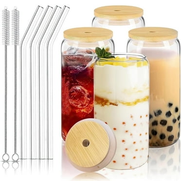 4 PCS Glass Cups with Bamboo Lids and Glass Straw Set, 16 OZ Can Shaped Glass Cups for Beer, Ice Coffee, Cute Tumbler Cup Great for Soda Boba Tea Cocktail Include 2 Cleaning Brushes, 1 Set