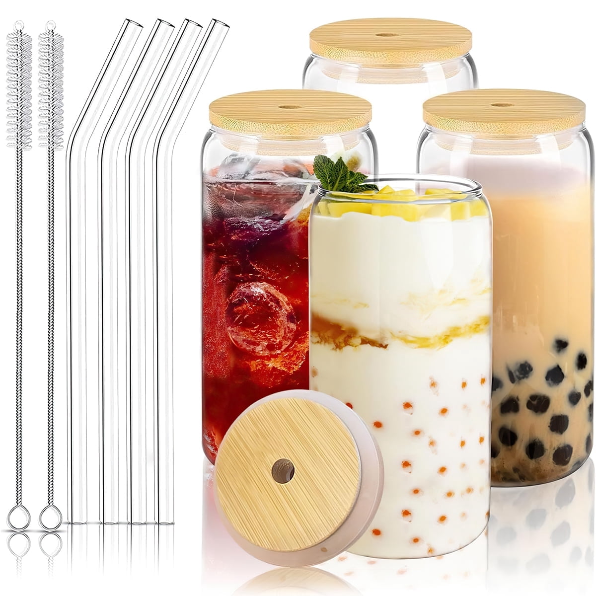 4 PCS Glass Cups with Bamboo Lids and Glass Straw Set, 16 OZ Can Shaped Glass Cups for Beer, Ice Coffee, Cute Tumbler Cup Great for Soda Boba Tea Cocktail Include 2 Cleaning Brushes, 1 Set