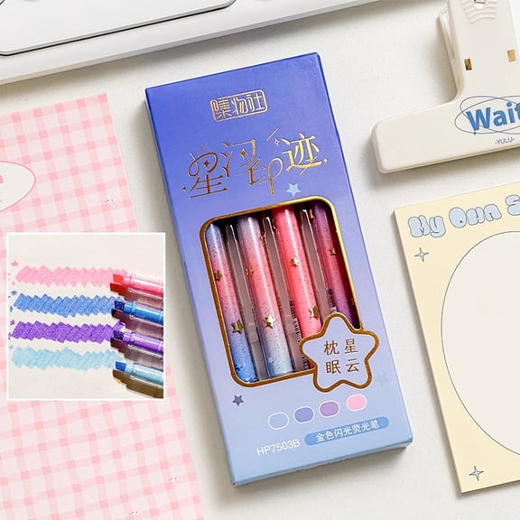 4 PCS Glitter Highlighters, Aesthetic Pastel Highlighters, Chisel Tip Assorted Colors, Safe Sparkling Pens for Journal Planner, Highlighting, Note-Taking, Glitter Ink