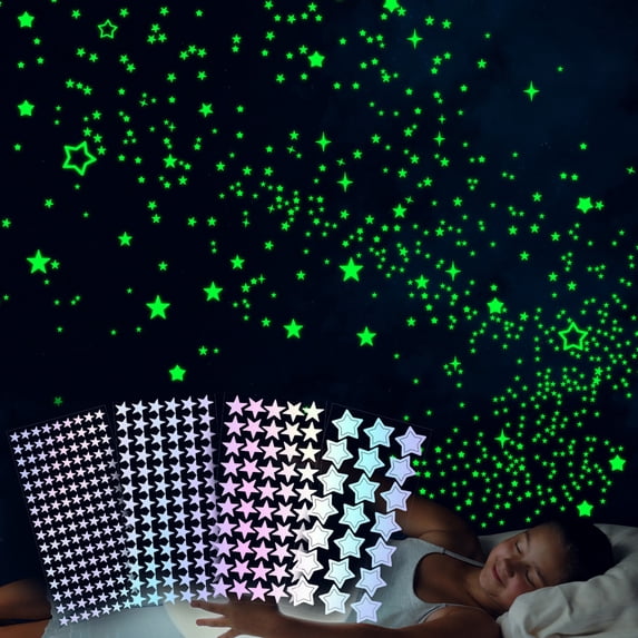 4 PCS Glow in The Dark Stars for Ceiling or Wall Stickers - Glowing Wall Decals Stickers Room Decor Kit - Galaxy Glow Star Set and Solar System Decal for Bedroom DecorationB