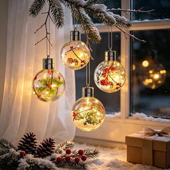 4 PCS Glowing Christmas Story Ornament - Light-Up Mini Holiday Scene with Warm LED Light - Christmas Tree Hanging Ornament for Home Party Decoration Gift