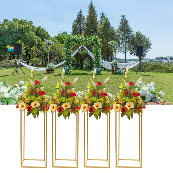 4 PCS Gold Rectangular Metal Column Flower Stands Centerpiece Holder Rack for Party/Wedding Decorations