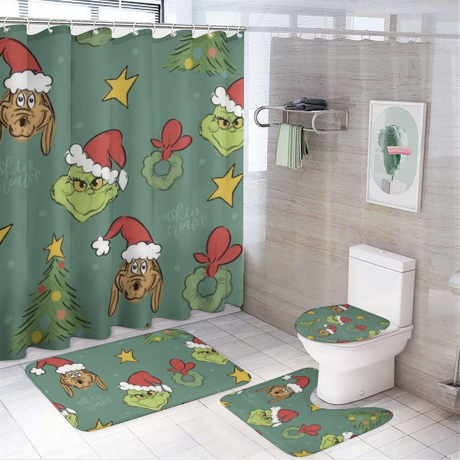 4 PCS Grinch Shower Curtain Set for Boys Girls Kids Bathroom Sets with ...