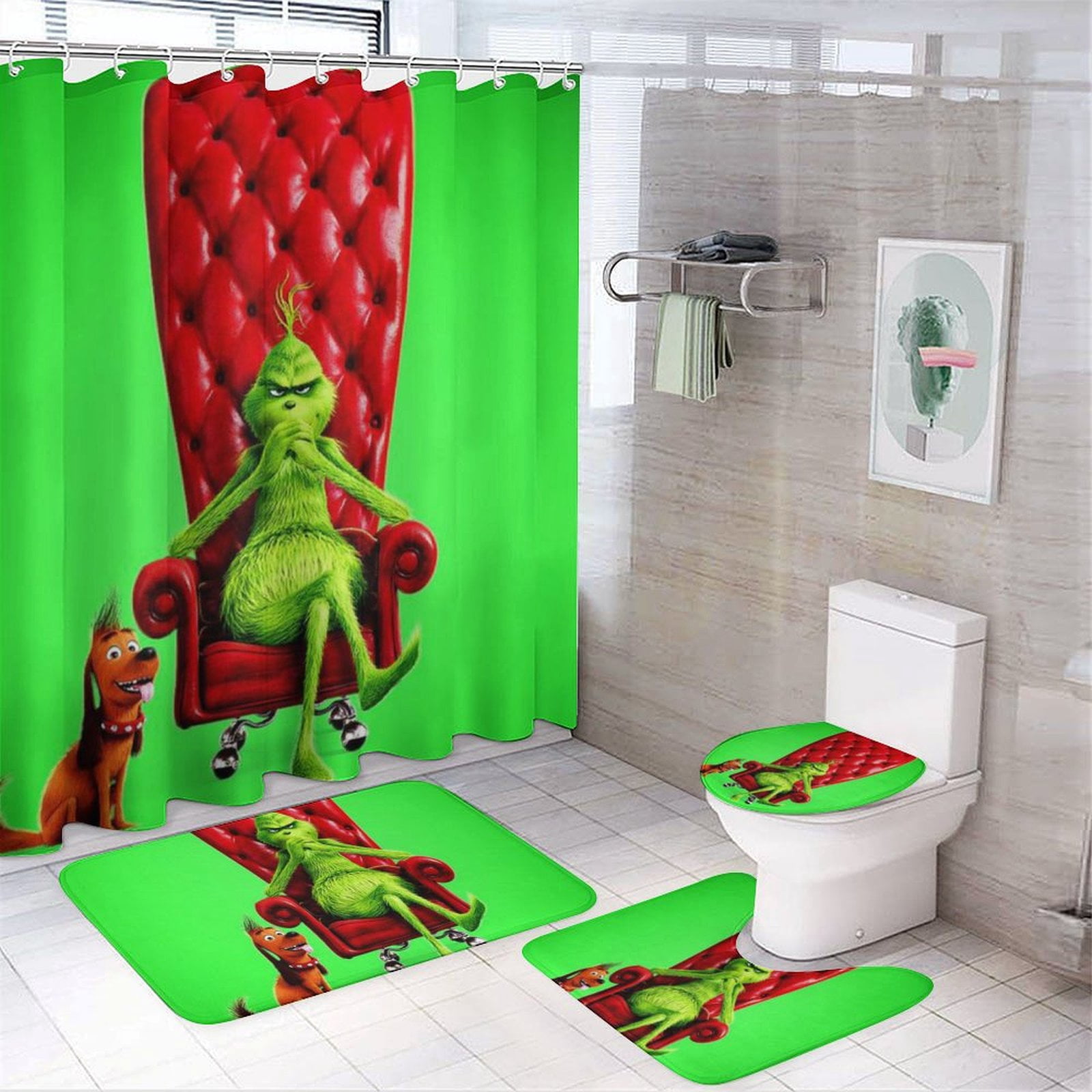 4 PCS Grinch Shower Curtain Set for Boys Girls Kids Bathroom Sets with ...