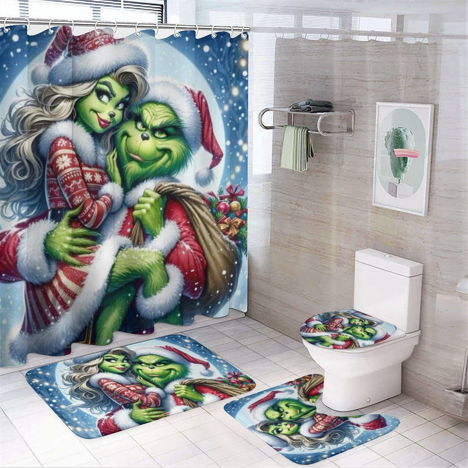 4 PCS Grinch Shower Curtain Set for Boys Girls Kids Bathroom Sets with ...