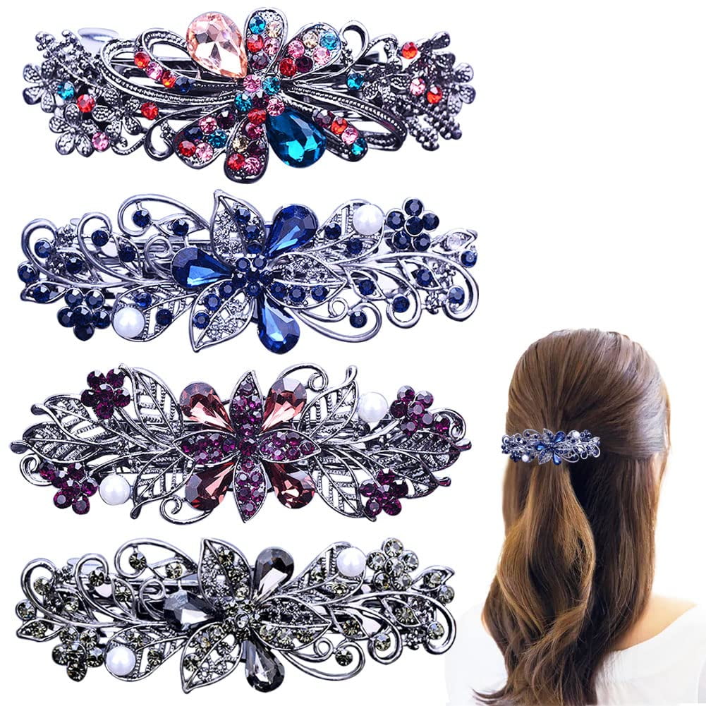 4 PCS Hair Barrettes for Women Ladies, Flower Crystal Rhinestones