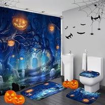 4 PCS Halloween Bathroom Decorations Set Toilet Seat Cover Rug Shower Curtain Sets Monsters Ghost Pumkin Bats Dark Scared Bathroom Decor