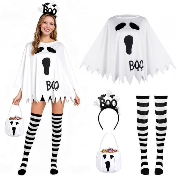 4 PCS Halloween Costume Set for Women Adult Ghost Costume, Ghost Costume Poncho, Candy bag, Ghost Headband and Nylon Striped Tights for Halloween Cosplay Party Costume Party Accessories