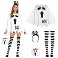 thumbnail image 1 of 4 PCS Halloween Costume Set for Women Adult Ghost Costume, Ghost Costume Poncho, Candy bag, Ghost Headband and Nylon Striped Tights for Halloween Cosplay Party Costume Party Accessories, 1 of 7