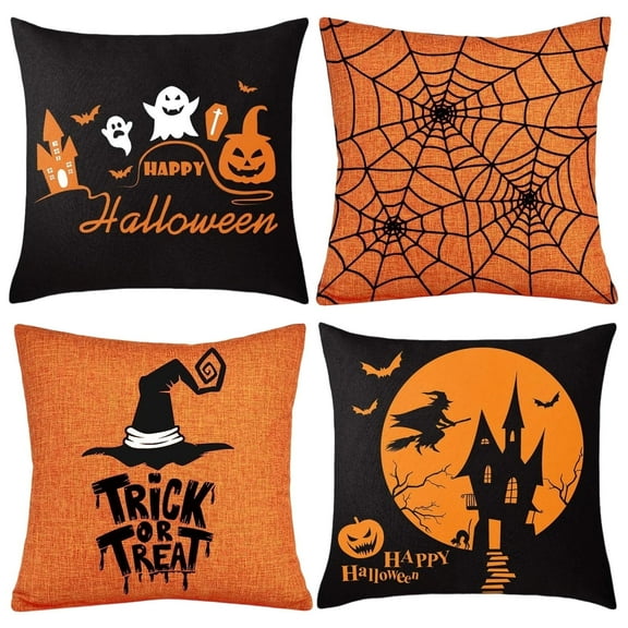 4 PCS Halloween Pillow Covers, 18x18 Inches Halloween Cushion Covers Set of 4, Pumpkin Ghost Bat Pattern for Home Sofa Bedroom Autumn Decor Decoration