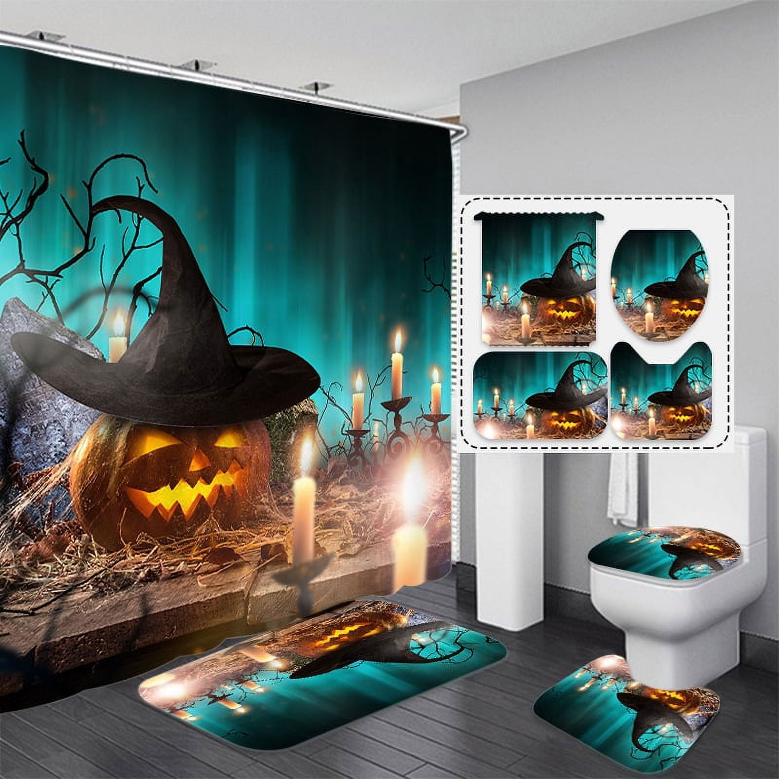 4 PCS Halloween Shower Curtain Horror Black Alchemy Magic World Witch