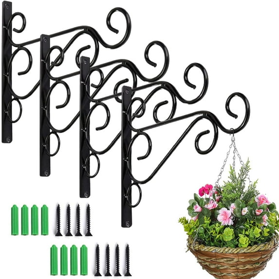 4 PCS Hanging Plant Brackets, 10" Plant Hangers for Wall Fence Porch Outdoor Indoor, Metal Plant Hooks for Basket, Flower, Planter, Feeder, Lantern, Wind Chime