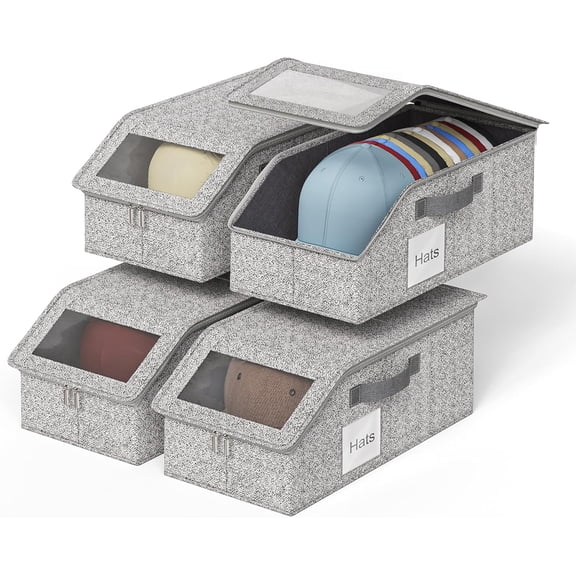 4 PCS Hat Organizer for Baseball Caps, Multi Functional Storage Box (Accommodates 48 Hats) with Visible Window and Zipper - Gray
