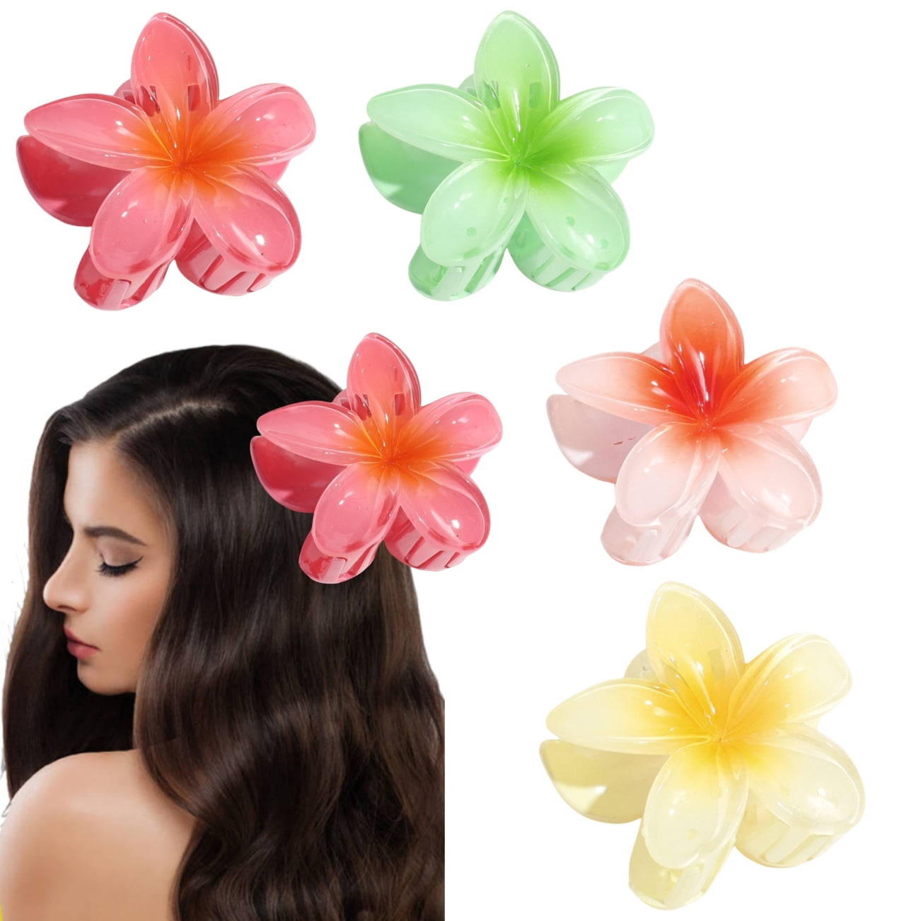 4 PCS Hawaiian Flower Hair Clips for Women: Flower Claw Clips for Thick Thin Hair - Plumeria Hair Clip for Girls Beach Tropical Hair Accessories Gifts, Style 1