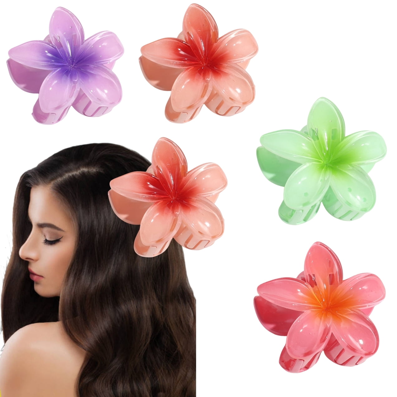 4 PCS Hawaiian Flower Hair Clips for Women: Flower Claw Clips for Thick Thin Hair - Plumeria Hair Clip for Girls Beach Tropical Hair Accessories Gifts, Style 3