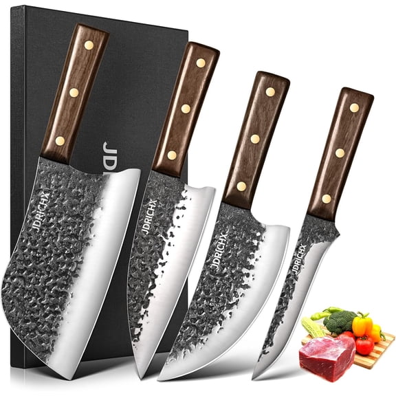 4 PCS Heavy Duty Hand Forged Serbian Chef Knife Meat Cleaver Boning Viking Knife Set-Full Tang High Carbon Steel for Home Cooking Outdoor BBQ Camping Gift Idea