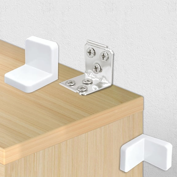 4 PCS Heavy-Duty L-Shaped Angle Iron Brackets with Plastic caps, White Shelf mounting kit, Furniture Fasteners for Safety Protection, Anti-tip Fasteners Suitable for Shelves and cabinets