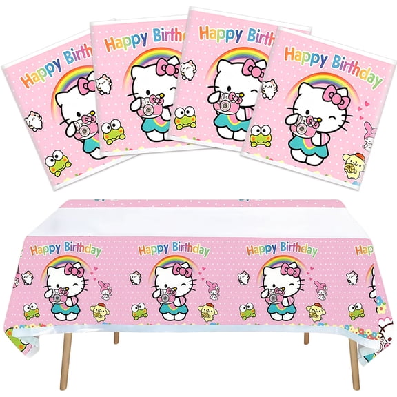 4 PCS For Hello Kitty Cartoon Themed Birthday Party Decorations Tablecloths Rectangular,Disposable Waterproof Tablecloth 70.942.5 Inch for Festival Party Celebration Decorations Supplies