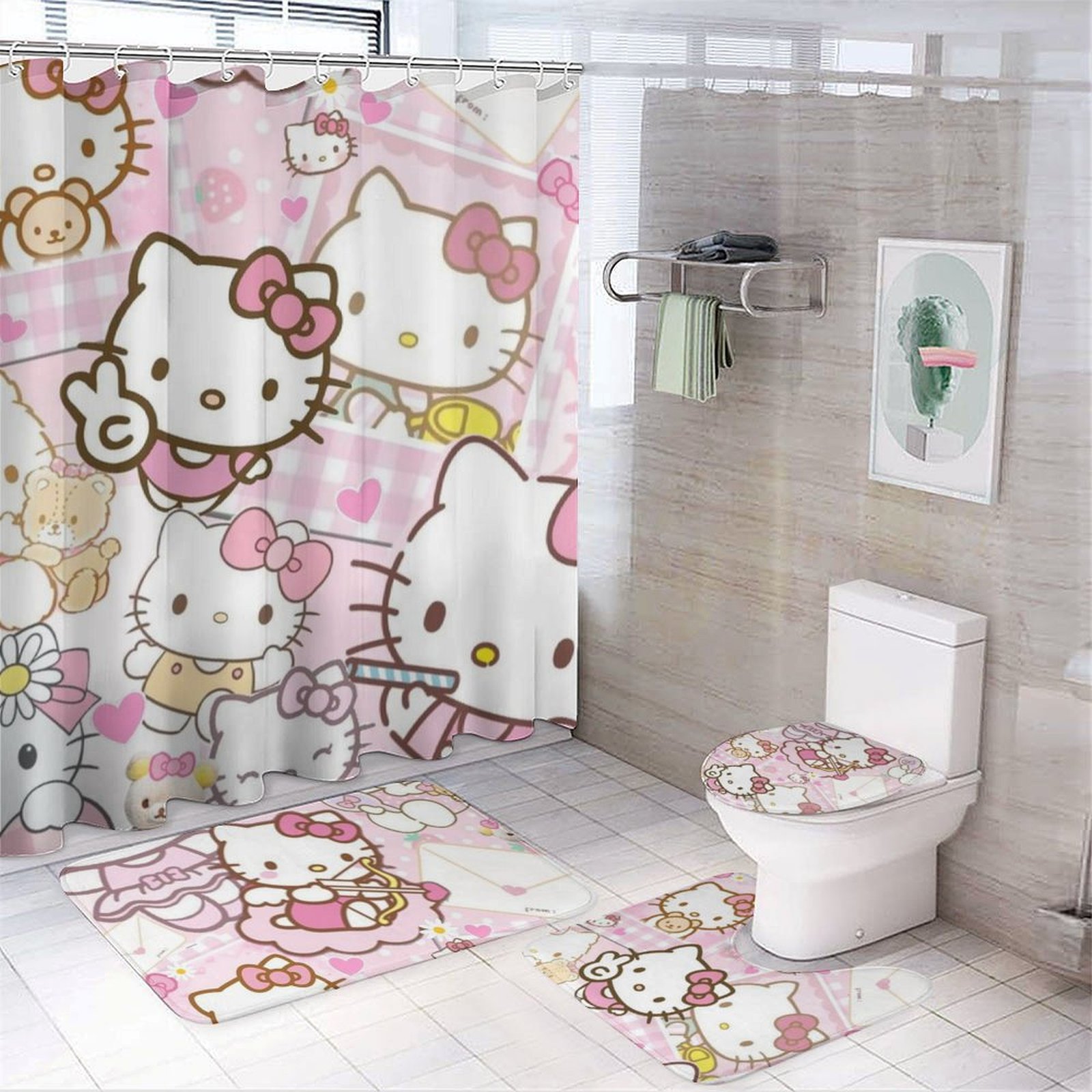 4 PCS Hello Kitty Shower Curtain Set for Boys Girls Kids Bathroom Sets with Curtain,Rug,Toilet ...