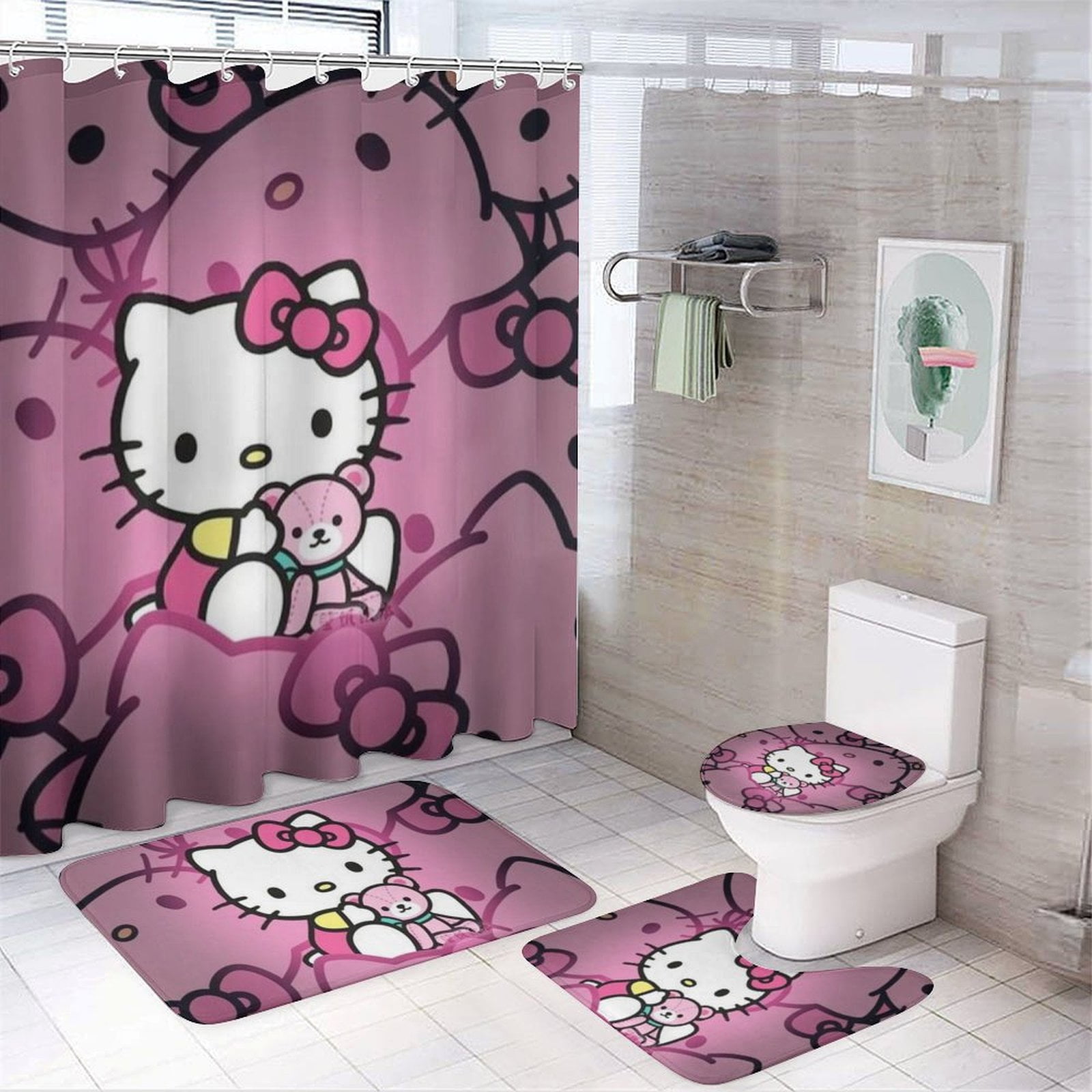 4 PCS Hello Kitty Shower Curtain Set for Boys Girls Kids Bathroom Sets ...