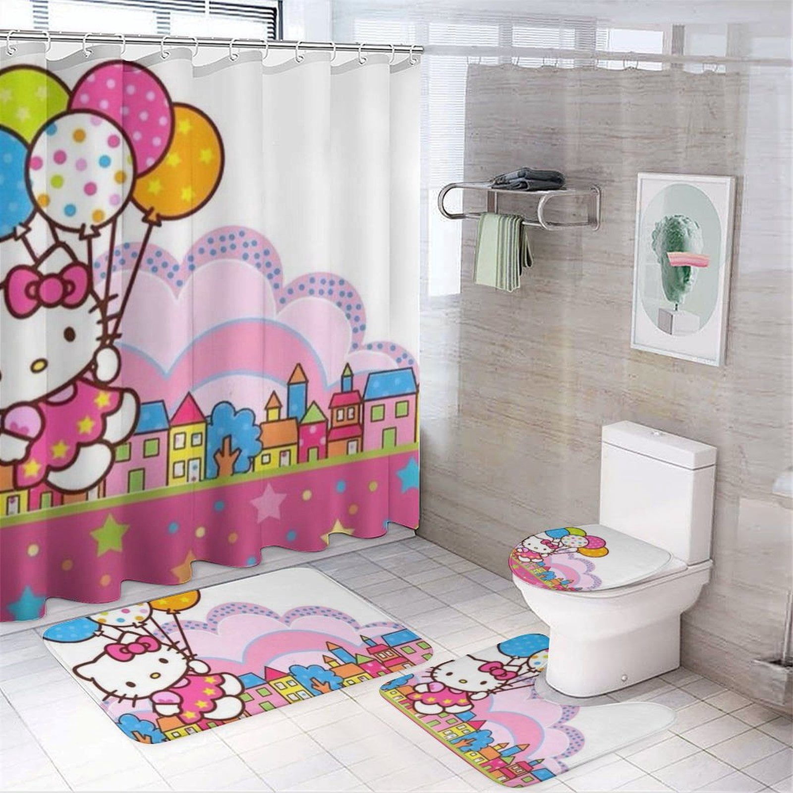 4 PCS Hello Kitty Shower Curtain Set for Boys Girls Kids Bathroom Sets ...