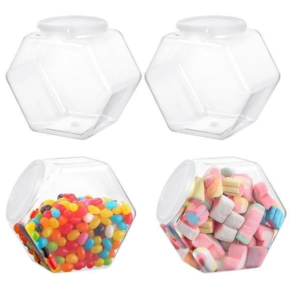 4 PCS Hexagon Plastic Jars, Clear Cookie Jars with Airtight Lids, Candy Jars, Wide Round Mouth Snacks Dog Food Candy Containers, Reusable Coffee Candy Display